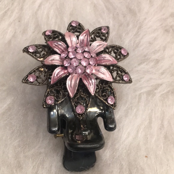 Hair clip pink flower with Rhinestones